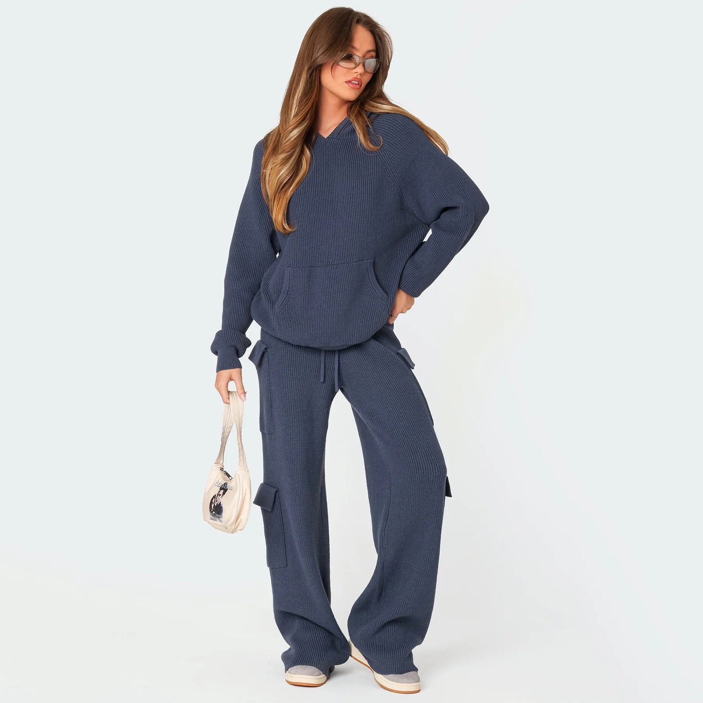 Damen Strickpullover mit Kapuze und Kängurutasche