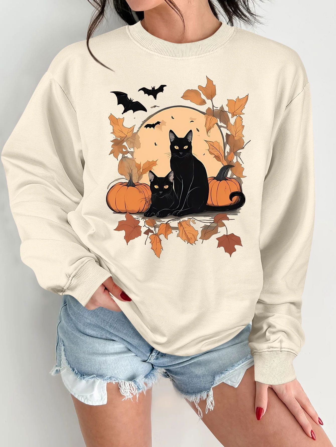 Damen Sweatshirt Herbstlich Katzen Kürbis Design Eveloria