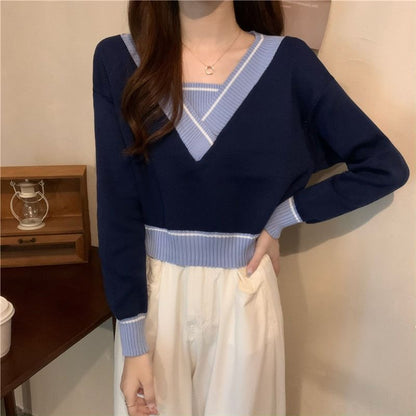 Damen Pullover V-Ausschnitt mit Kontrastdetails