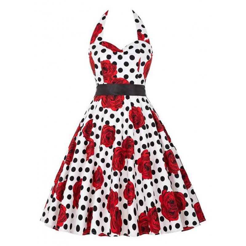 Damen Retro Swingkleid Floralmuster Polka-Dots