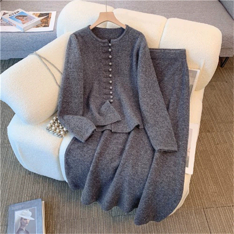 Damen Strickensemble Klassisches Knopfdesign Fließender Rock Eveloria