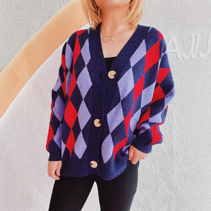 Damen Strickjacke Rautenmuster Große Knöpfe Eveloria