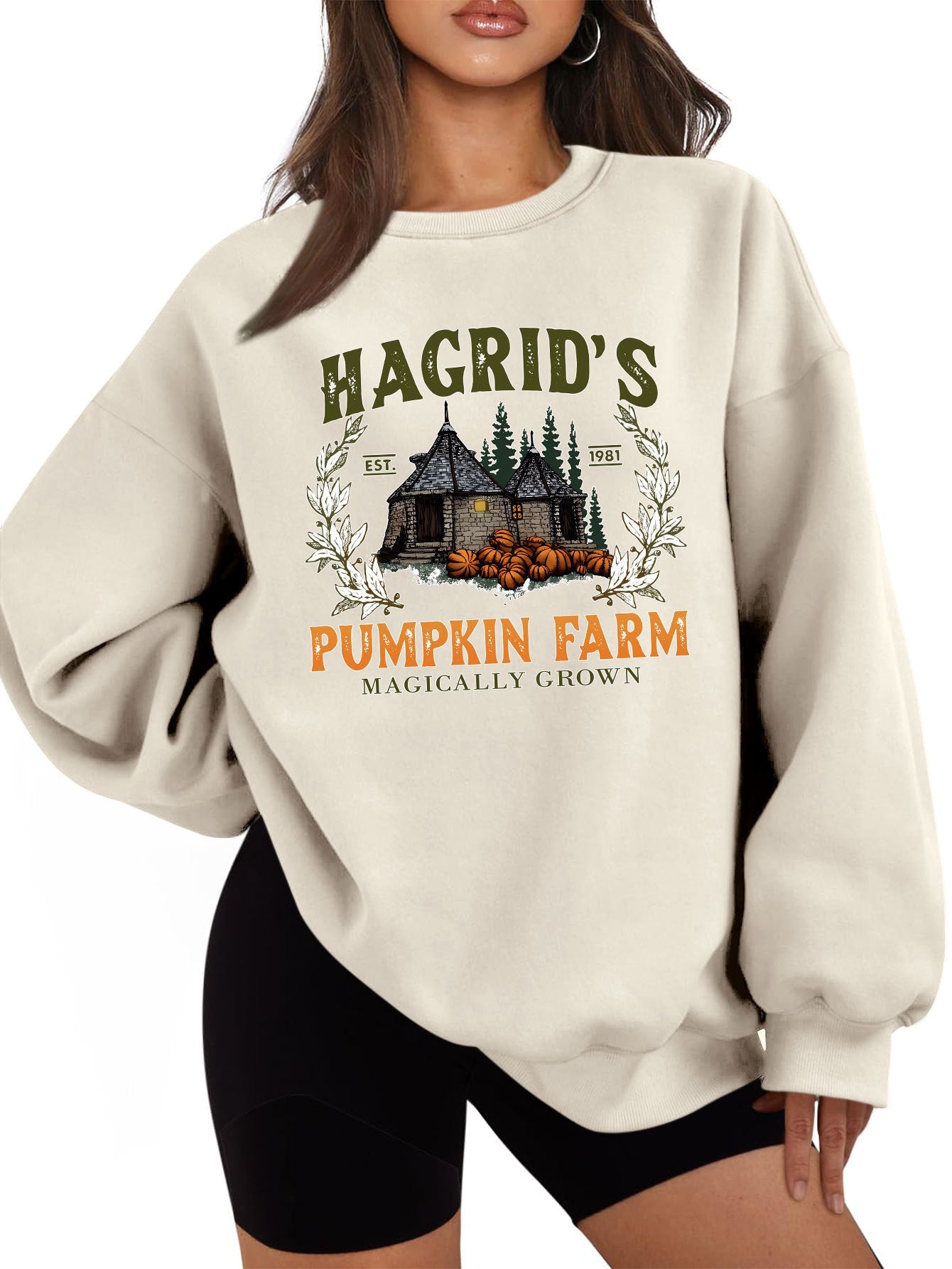 Damen Sweatshirt Rundhalsausschnitt Kürbis-Motiv Herbstlich
