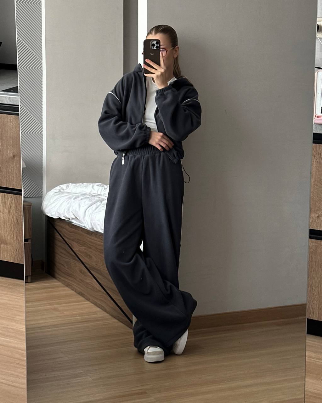 Damen Fleece-Set Kapuze Weite Passform Grau Eveloria