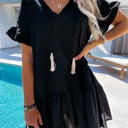 Damen Sommerkleid V-Ausschnitt Rüschendetails Kurzärmelig
