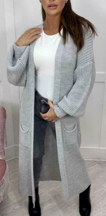 Damen Grobstrickmantel Offen Lässig Beige