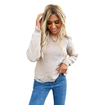 Damen Strickpullover Sternenmuster Französischer Saum Beige
