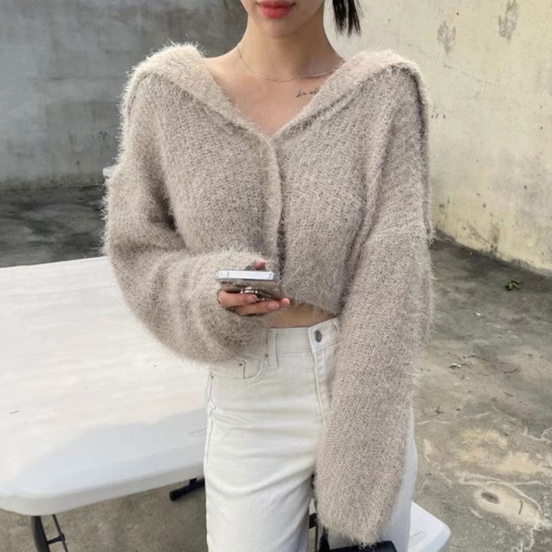Damen Kurzstrickjacke mit Kapuze Weiches Material Beige