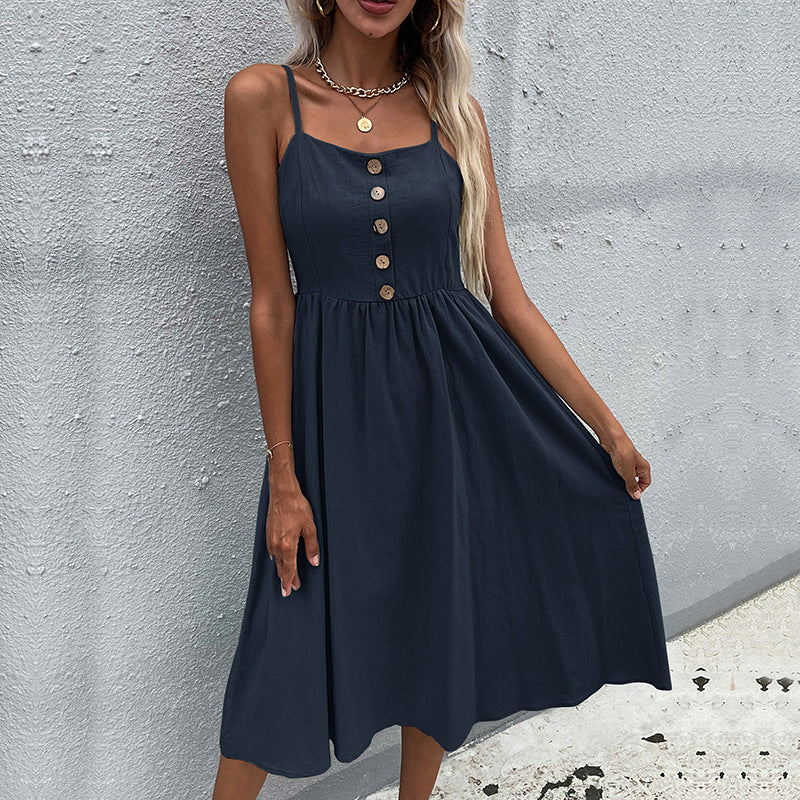 Damen Midi-Kleid mit Knopfleiste und verstellbaren Trägern Eveloria
