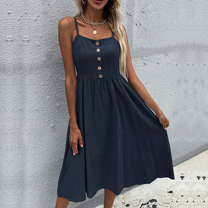 Damen Midi-Kleid mit Knopfleiste und verstellbaren Trägern Eveloria