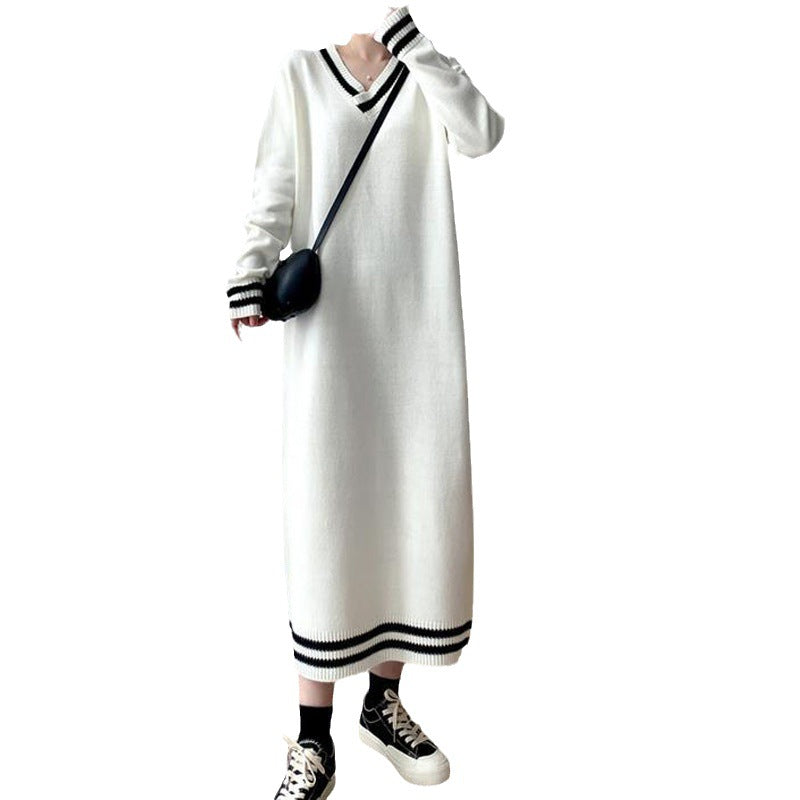 Damen Strickkleid Langarm V-Ausschnitt Rippdetails