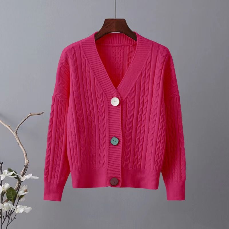 Damen Grobstrickjacke V-Ausschnitt Dekorative Knöpfe Eveloria