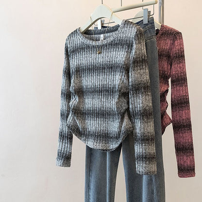 Damen Langarm-Shirt Legeres Rippmuster Gestreift Eveloria
