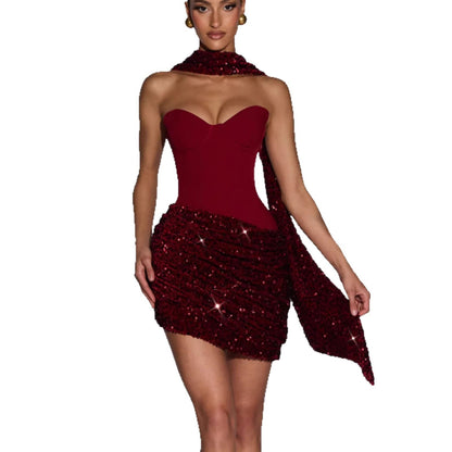 Damen Minikleid mit Bustier-Oberteil und Paillettenrock