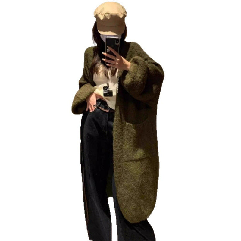 Damen Strickjacke Fluffig Weite Passform Große Taschen Beige