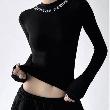 Damen Langarmshirt Figurbetont Hochkragen Mit Schriftzug