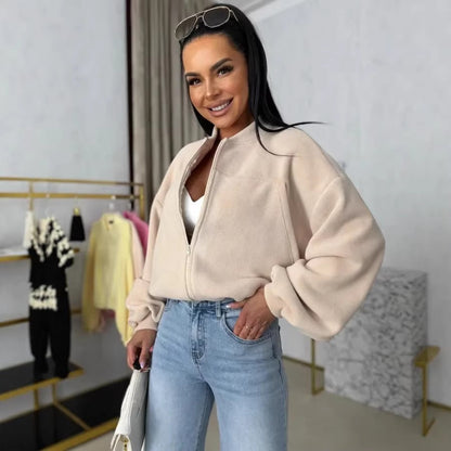 Damen Fleecejacke Lässig Hochkragen Puffärmel Eveloria