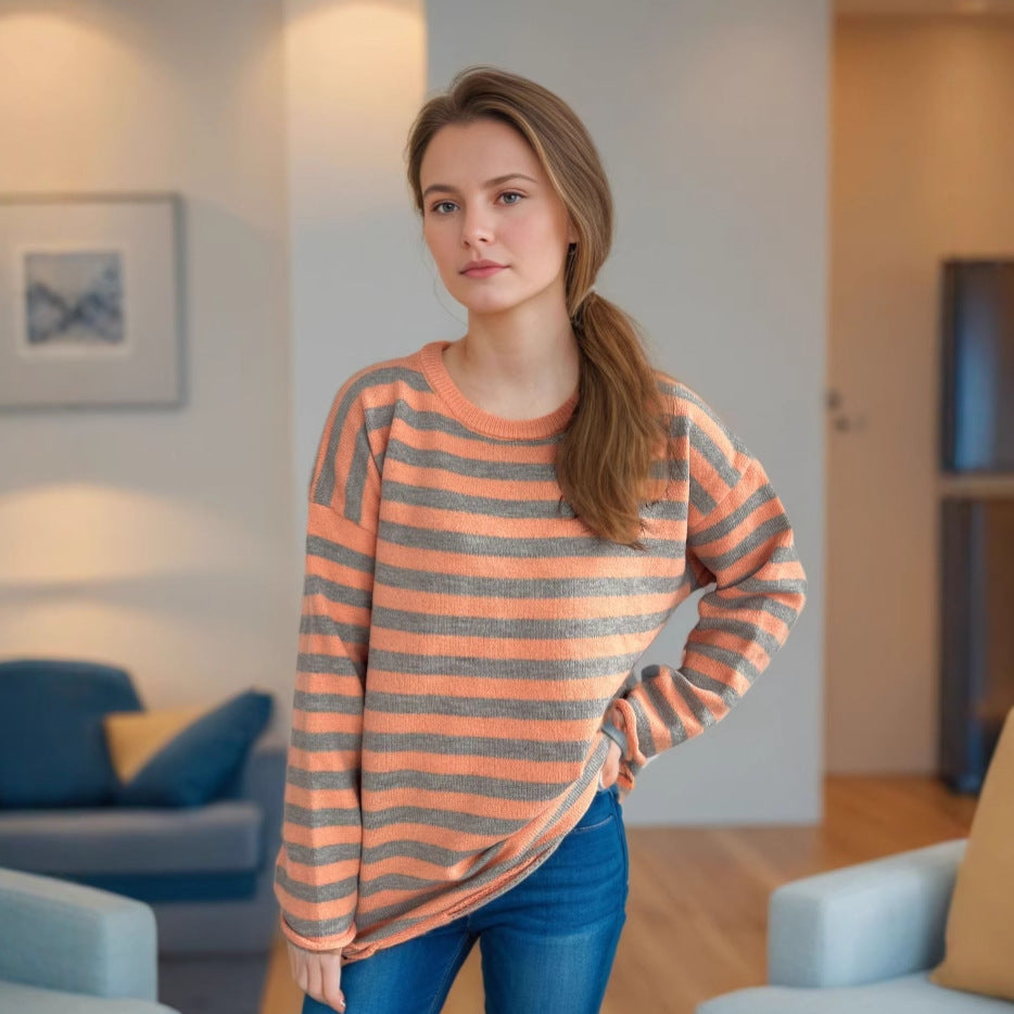 Damen Oversized-Pullover Gestrickt Lässiges Streifenmuster