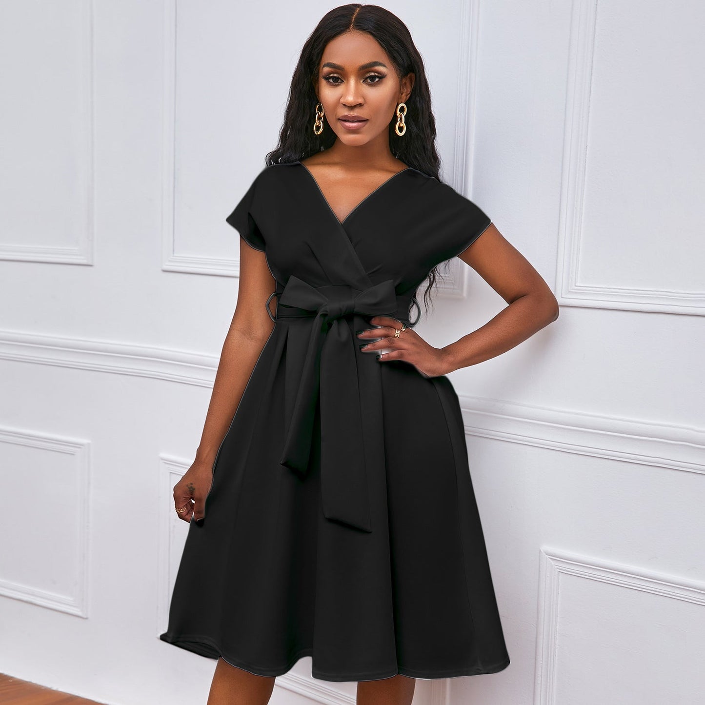 Damen Wickelkleid V-Ausschnitt Gürtel Eveloria