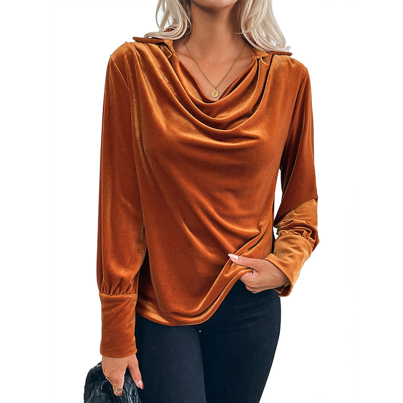 Eveloria Damen Samtbluse Offener Kragen Langer Ärmel