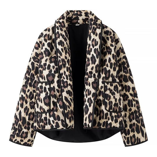 Damen Steppjacke Leo-Muster mit Taschen Schwarz Eveloria - Eveloria