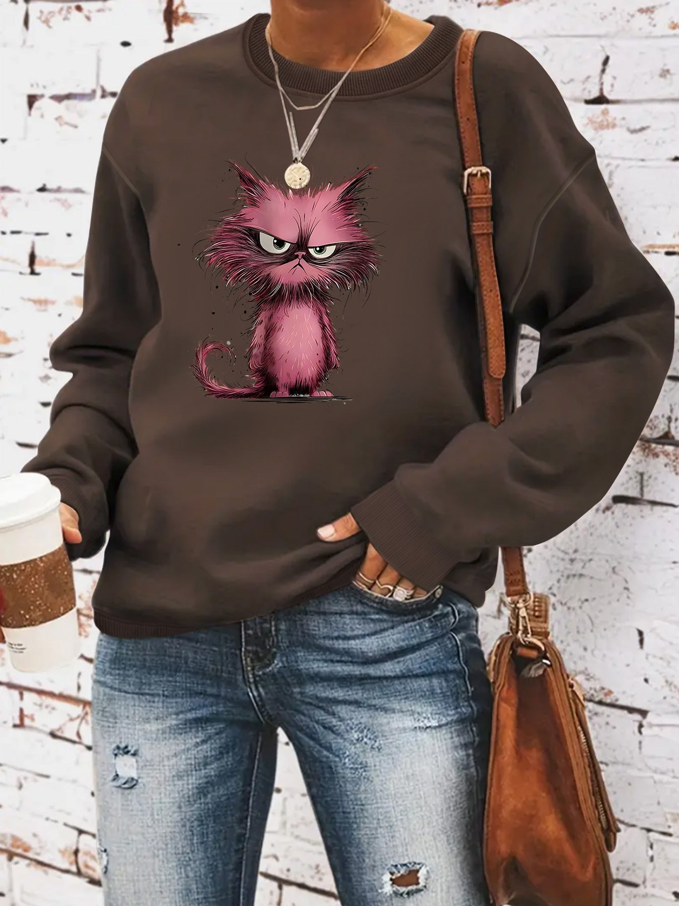 Damen Sweatshirt Katzenmotiv Eveloria Weiss