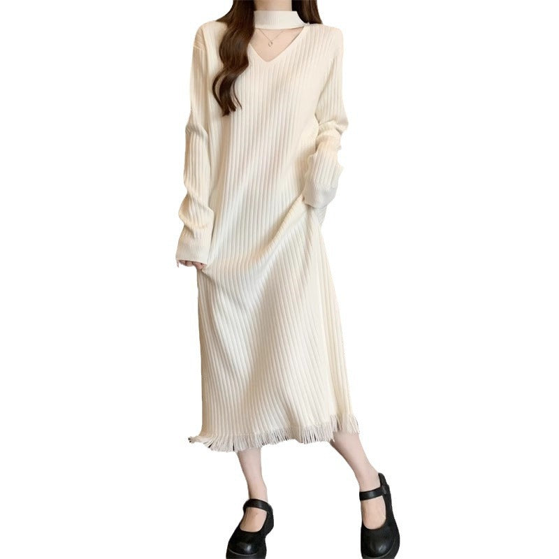 Damen Strickkleid V-Ausschnitt Fransen