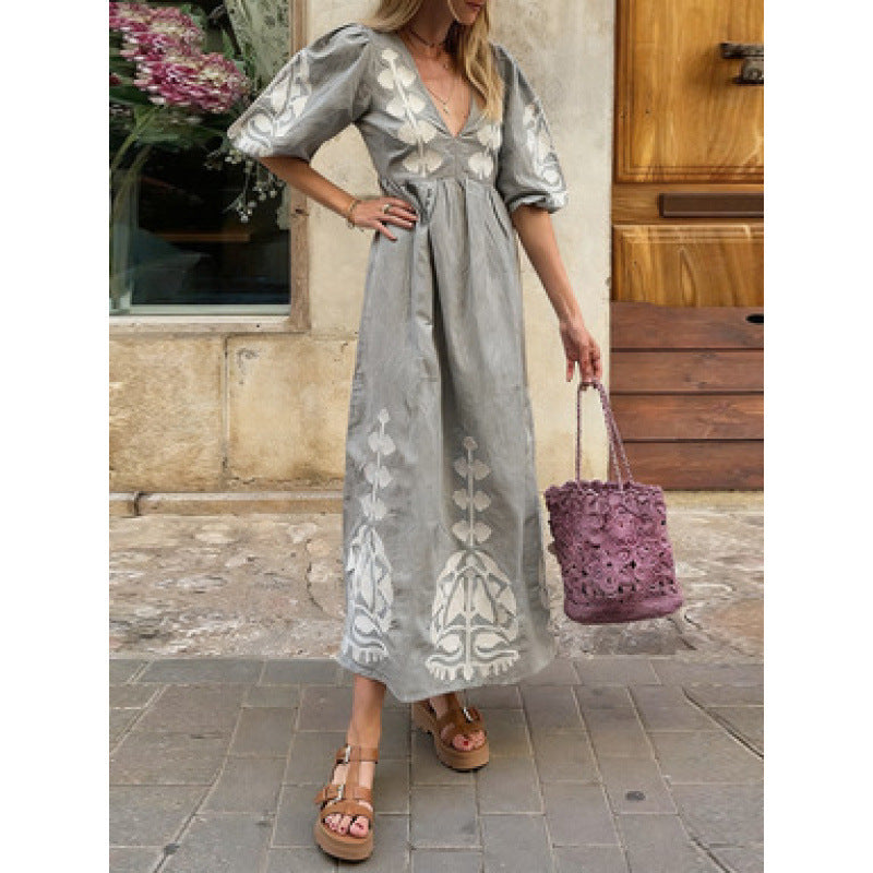 Damen Midikleid Florales Stickdesign Luftige Puffärmel
