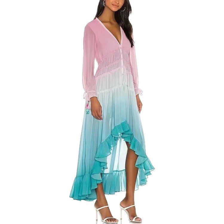Damen Maxikleid Rüschendetails Ombre-Effekt