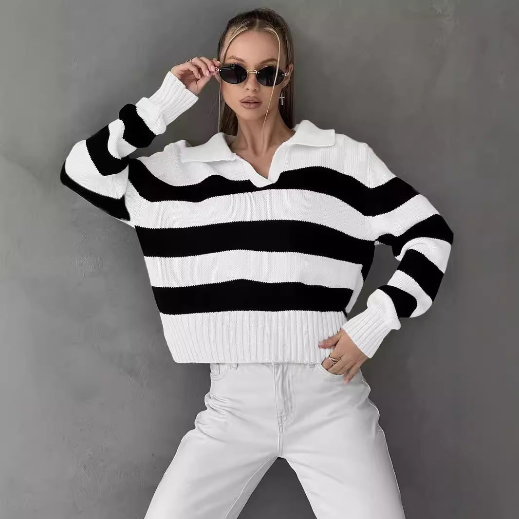 Damen Sportpullover Streifenmuster Kragen Eveloria