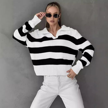 Damen Sportpullover Streifenmuster Kragen Eveloria