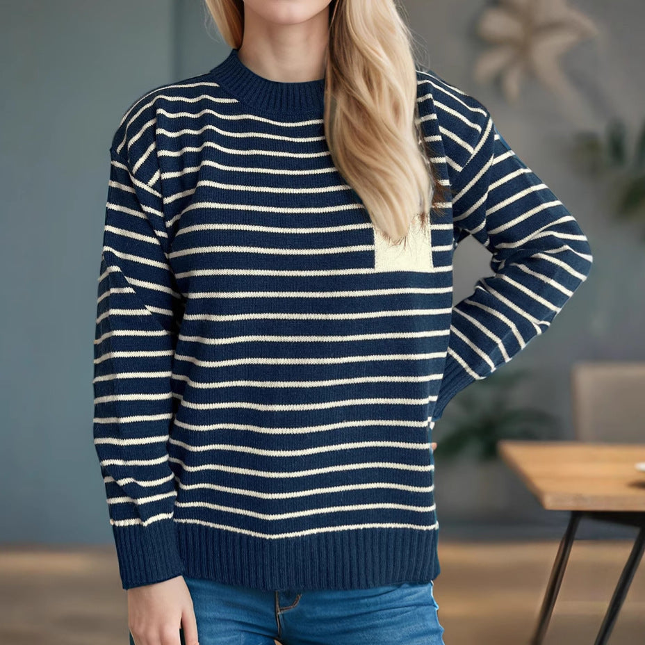 Damen Pullover Gestreift Lässig Breite Ärmel Grau Eveloria