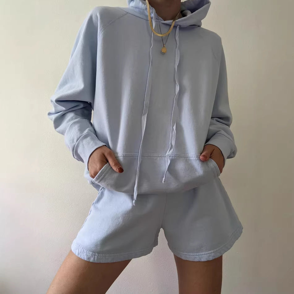 Damen Hoodie Shorts Set Baumwollmix Weich Eveloria