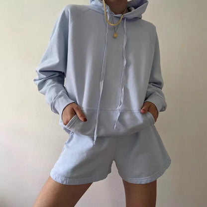 Damen Hoodie Shorts Set Baumwollmix Weich Eveloria