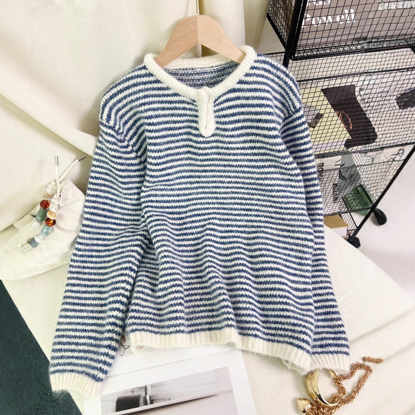 Damen Streifenpullover Lässig Dekorativer Knopf Beige