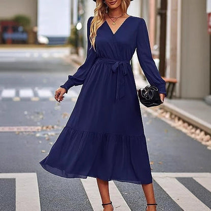 Damen Midi-Kleid V-Ausschnitt Bindegürtel Eveloria - Eveloria