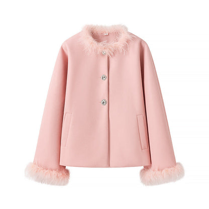 Damen Kurzjacke Kunstfellkragen Knöpfe Eveloria
