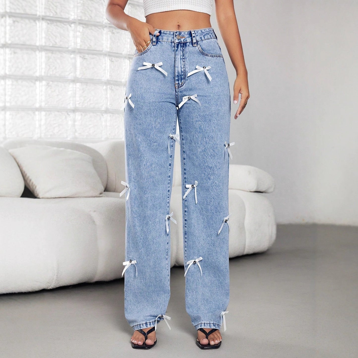 Damen Jeans Weite Fit Dekorative Schleifen Blau