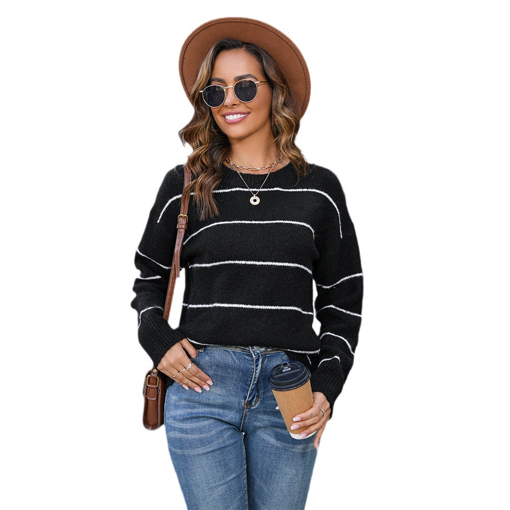 Damen Strickpullover Kuschelig Streifenmuster Beige