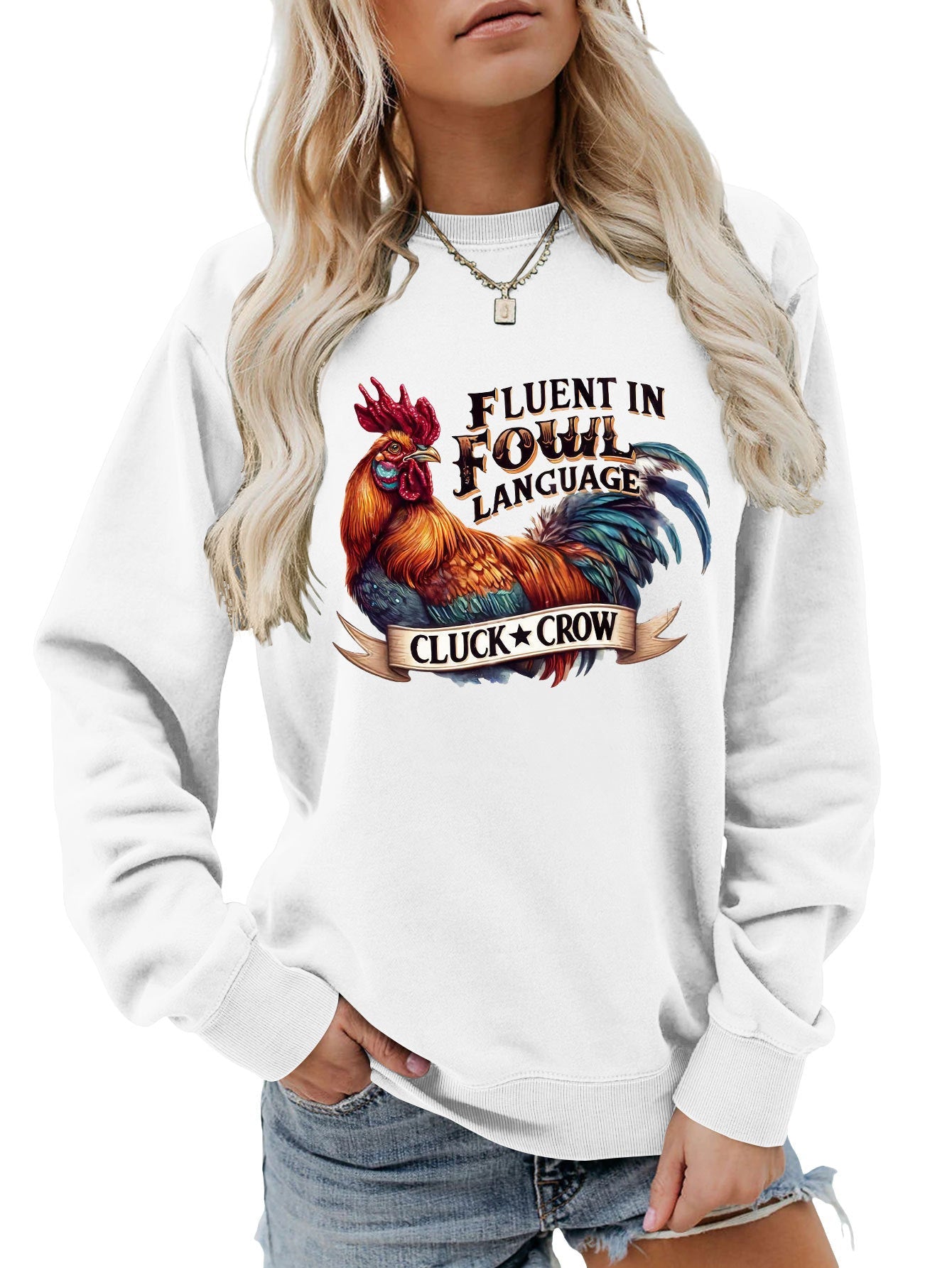 Damen Sweatshirt Hühnermotiv Bequem Grau Eveloria