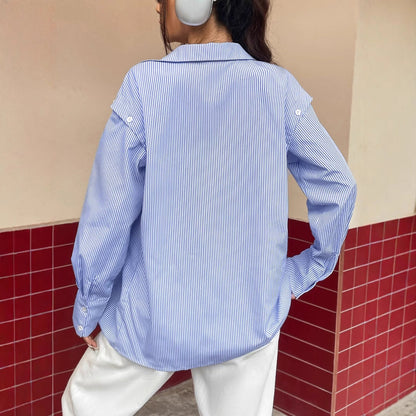 Damen Bluse Übergroß Gestreift mit Knöpfen -Weiß