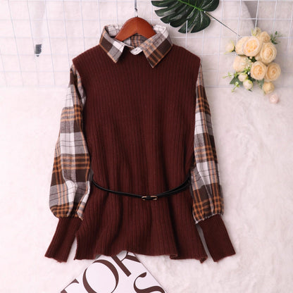 Damen Strickpullover mit Karomuster und elastischem Gürtel