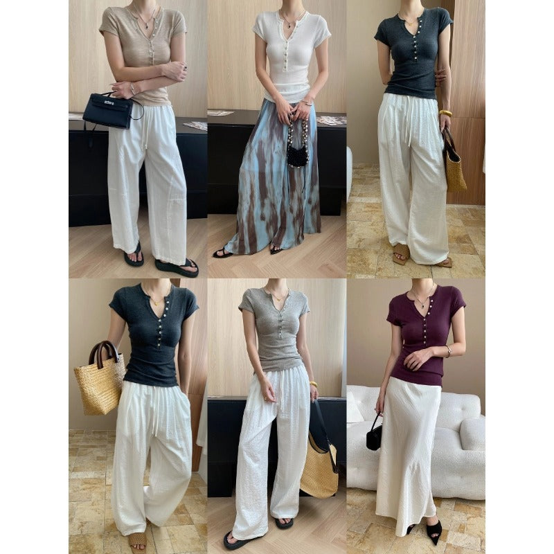 Damen Henley-Shirt Kurzarm Figurbetont Knopfleiste Eveloria