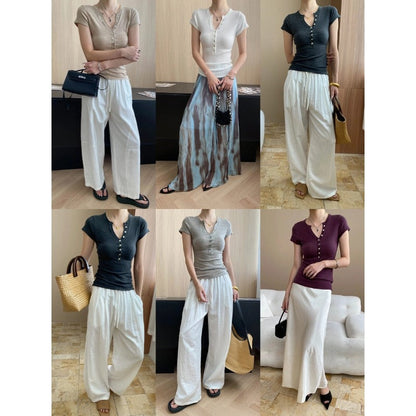 Damen Henley-Shirt Kurzarm Figurbetont Knopfleiste Eveloria