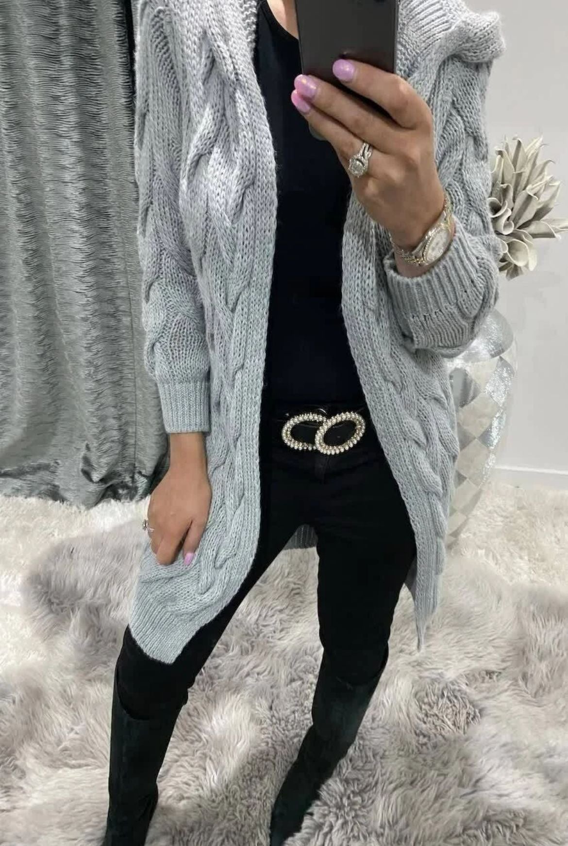Damen Cardigan Grobstrick Zopfdesign Beige mit Taschen