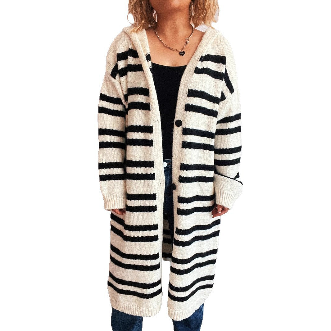 Damen Strickcardigan Hochgeschlossener Kragen Streifenmuster Beige
