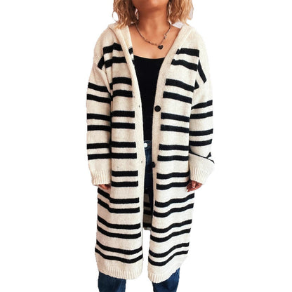 Damen Strickcardigan Hochgeschlossener Kragen Streifenmuster Beige