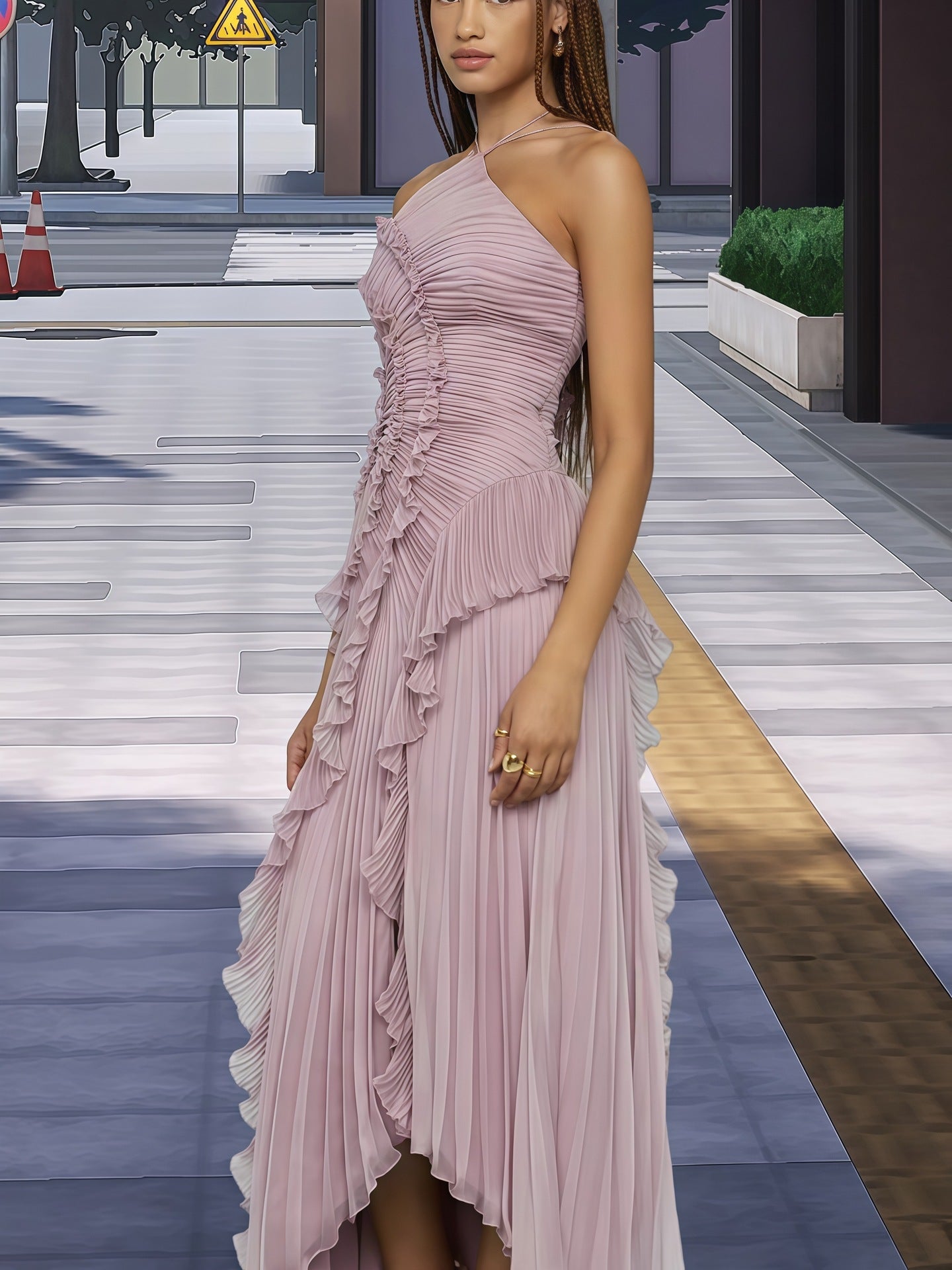 Damen Wickelkleid mit Faltenrock und Rüschendetails Eveloria