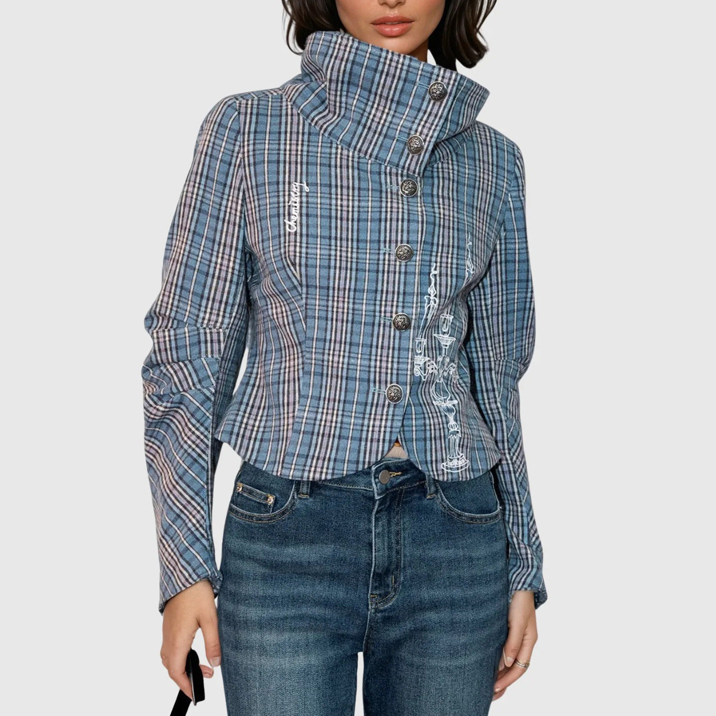 Damen Kurzjacke Kariert Mit Knöpfen Eveloria