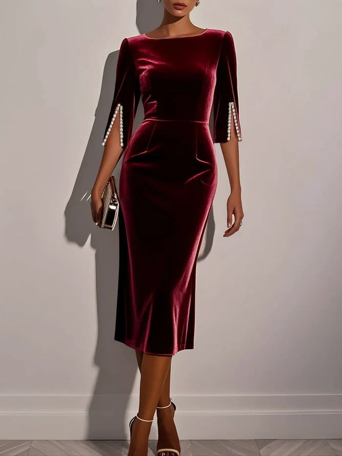 Damen Samtkleid Figurbetont Perlendetails Eveloria